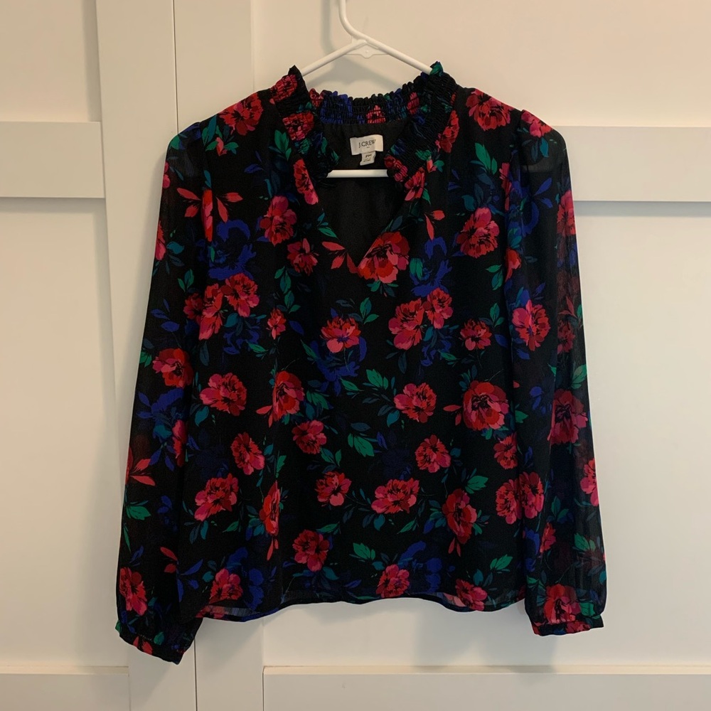 J.crew Black Floral Long-Sleeve V-Neck Blouse